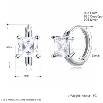 1.2cm 316L SS 사각 큐빅 지르코니아 귀걸이 3A CZ 스털링 실버 스터드 귀걸이