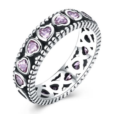 Tempermental Queen'S Crown Pink Heart Pave Diamond Ring S925 Diamond-Encrusted Lady's Ring